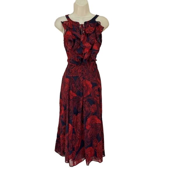 NWT Tommy Hilfiger Woman's Classy Red & Navy Blue Paisley Ruffle Midi A-line Dre - Picture 1 of 9